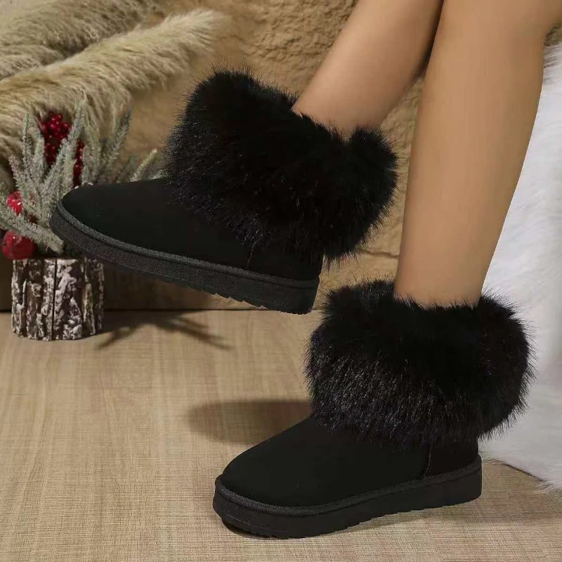 Winter New Round Head Flat with Warm and Comfortable Non-slip Snow Boots Suede Muffin Bottom Short Tube Wool Cotton Boots - Image 6