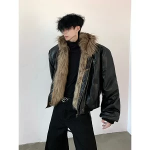 Winter 2025 New Fashion Men's Thicken Casual Trendy Loose Long Sleeve Hooded Faux Leather Coats Male American Style Clothes Tops