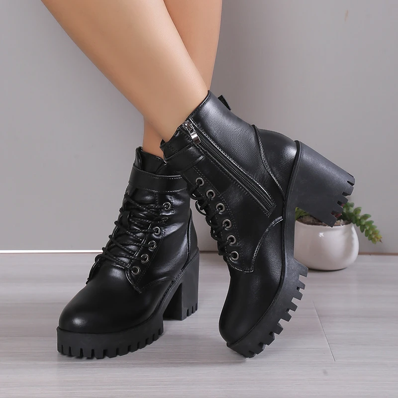 Winter New Fashion Comfortable Elegant Square with Women's Shoes Side Zipper Round Head Solid Color Simple Thick Heel Boots - Image 6