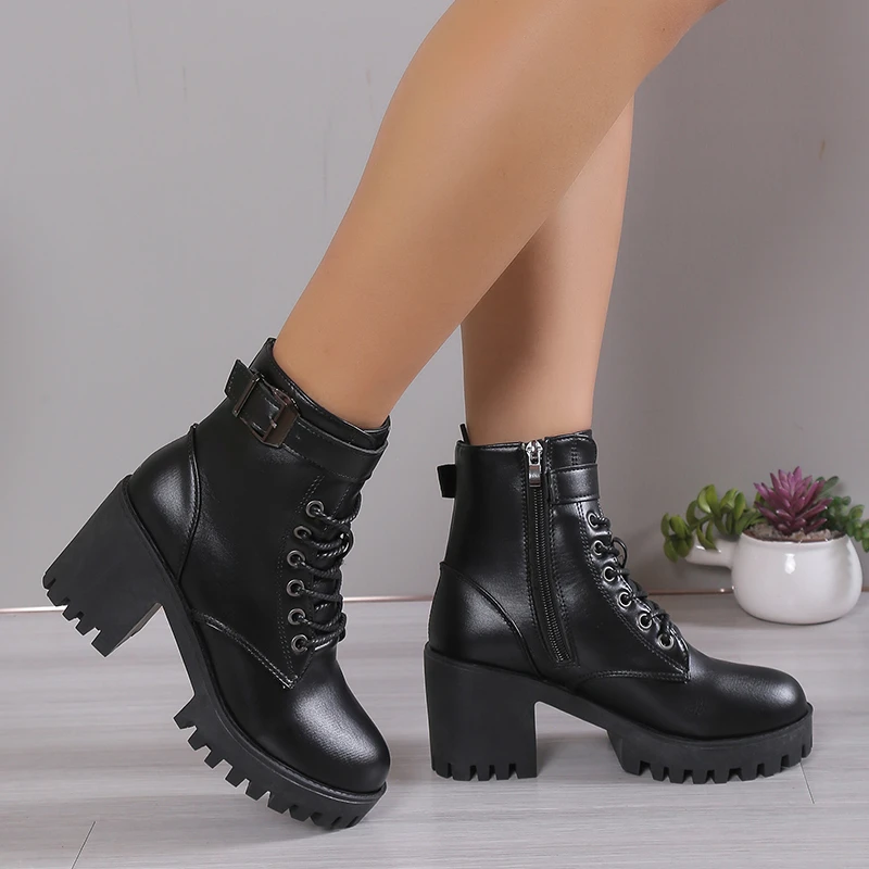 Winter New Fashion Comfortable Elegant Square with Women's Shoes Side Zipper Round Head Solid Color Simple Thick Heel Boots - Image 2