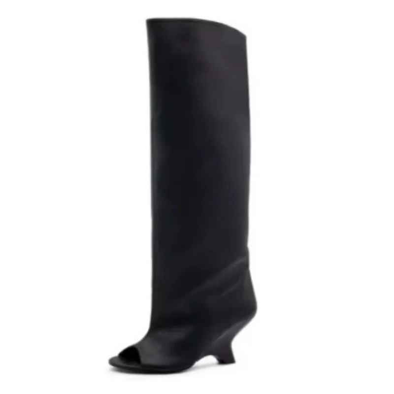 2025 New Peep Toe Design Women's Knee High Boots Round Toe Wedges Female Long Boots Stylish Slim Fit Suede Ladies Modern Boots - Image 2