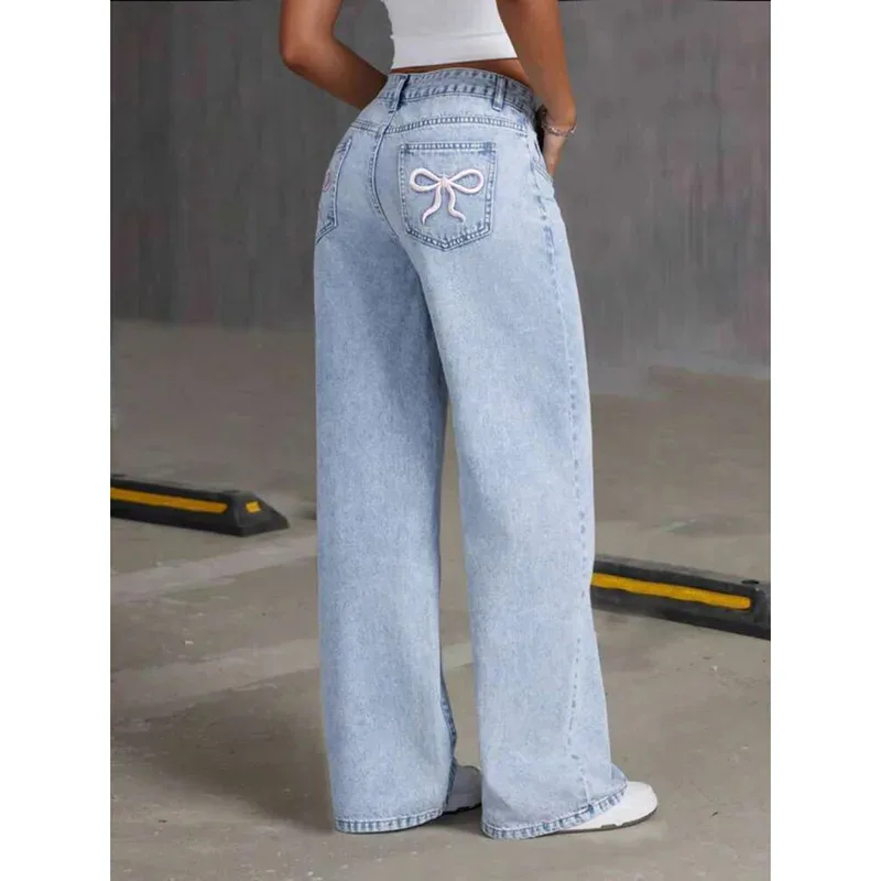 Women Jeans Embroidery High Waist Distressed Washed Pockets Vintage Floor Length Trousers 2025 Denim Wide Leg Pants Streetwear - Image 6