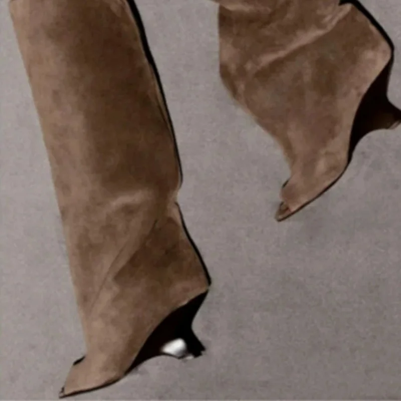 2025 New Peep Toe Design Women's Knee High Boots Round Toe Wedges Female Long Boots Stylish Slim Fit Suede Ladies Modern Boots - Image 3