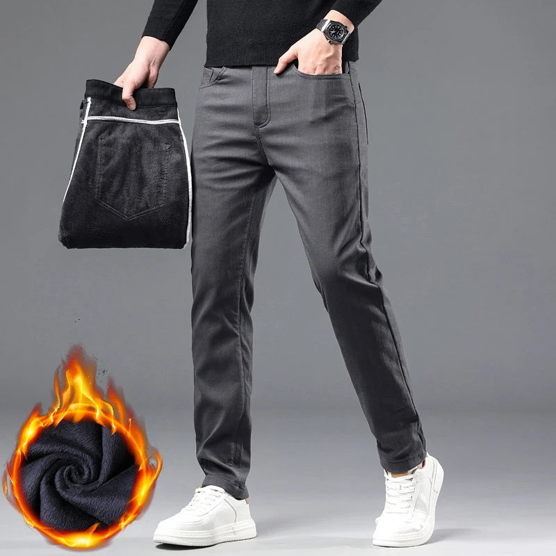 Winter New 2025 Fleece Pants Men's Thick Slim Elastic Business Casual Velvet Pants Warm Fashion Solid Color Plush Trousers Male - Image 6