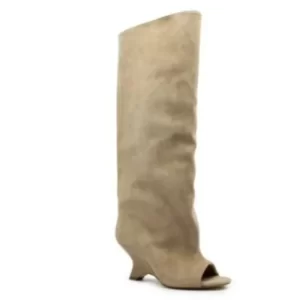2025 New Peep Toe Design Women's Knee High Boots Round Toe Wedges Female Long Boots Stylish Slim Fit Suede Ladies Modern Boots