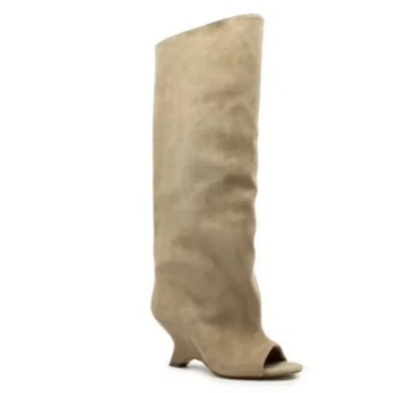 2025 New Peep Toe Design Women's Knee High Boots Round Toe Wedges Female Long Boots Stylish Slim Fit Suede Ladies Modern Boots