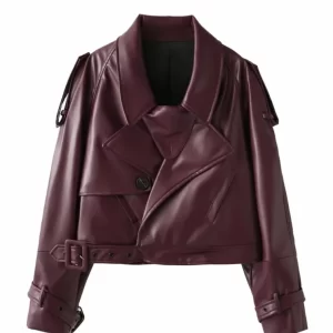 Talenza Women Vintage PU Leather Jacket Fashion Lapel Belt Patchwork High Waist Jacket Streetwear Commuter Casual Female Outwear