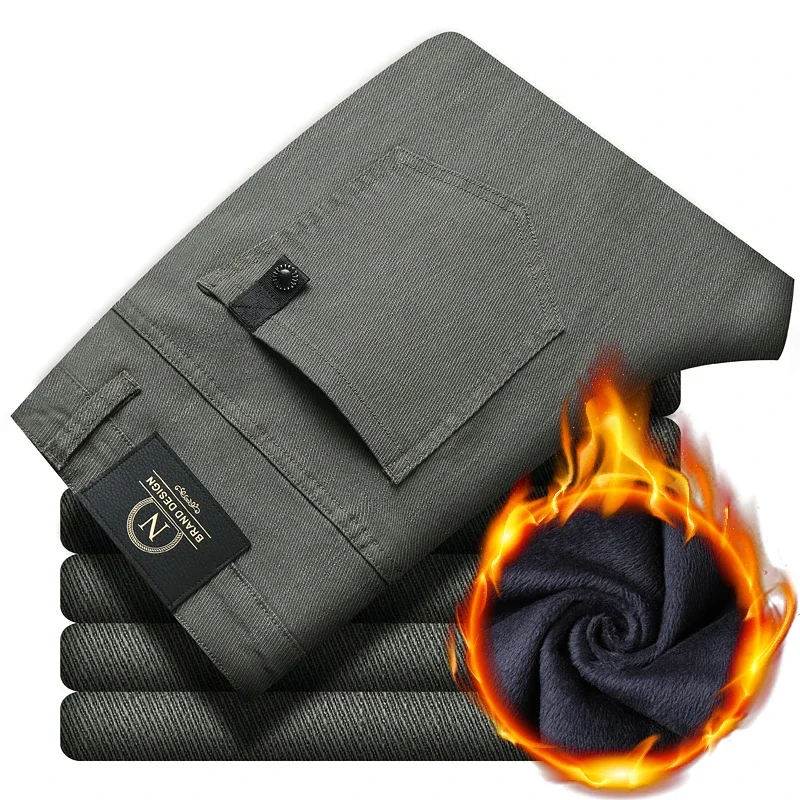Winter New 2025 Fleece Pants Men's Thick Slim Elastic Business Casual Velvet Pants Warm Fashion Solid Color Plush Trousers Male - Image 2