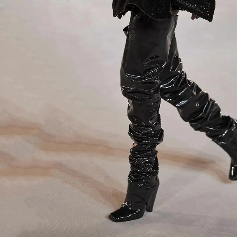 Arden Furtado Brown Patent Leather Tapered heel Over the knee boots Square-head Pleated Slip-on Fashion high heel Knight boots - Image 2