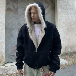 American Fashion Woolen Collar Hooded Cotton Jacket Winter New Thick Plush Top Men Street Hip-Hop Harajuku Oversize Jacket Coat