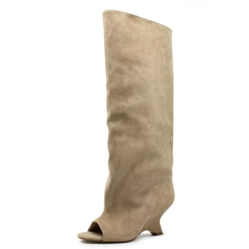 2025 New Peep Toe Design Women's Knee High Boots Round Toe Wedges Female Long Boots Stylish Slim Fit Suede Ladies Modern Boots - Image 10