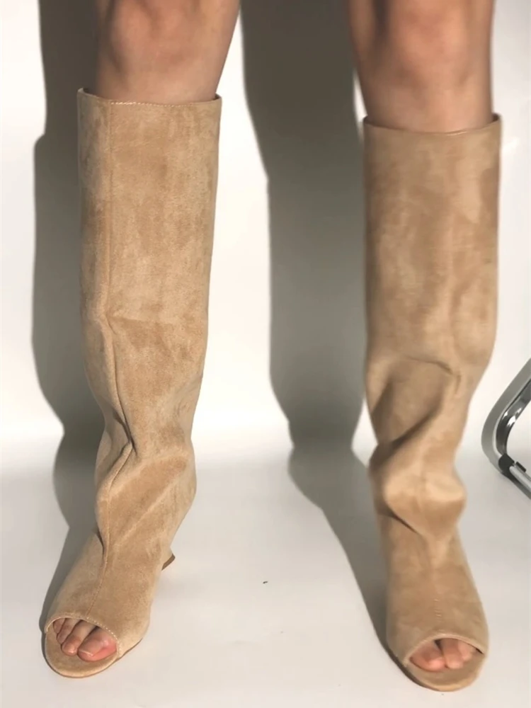 2025 High-quality Peep Toe Women's Knee High Boots Round Toe Wedges Suede Woman Long Boots Party Wedding Versatile Female Shoes - Image 10