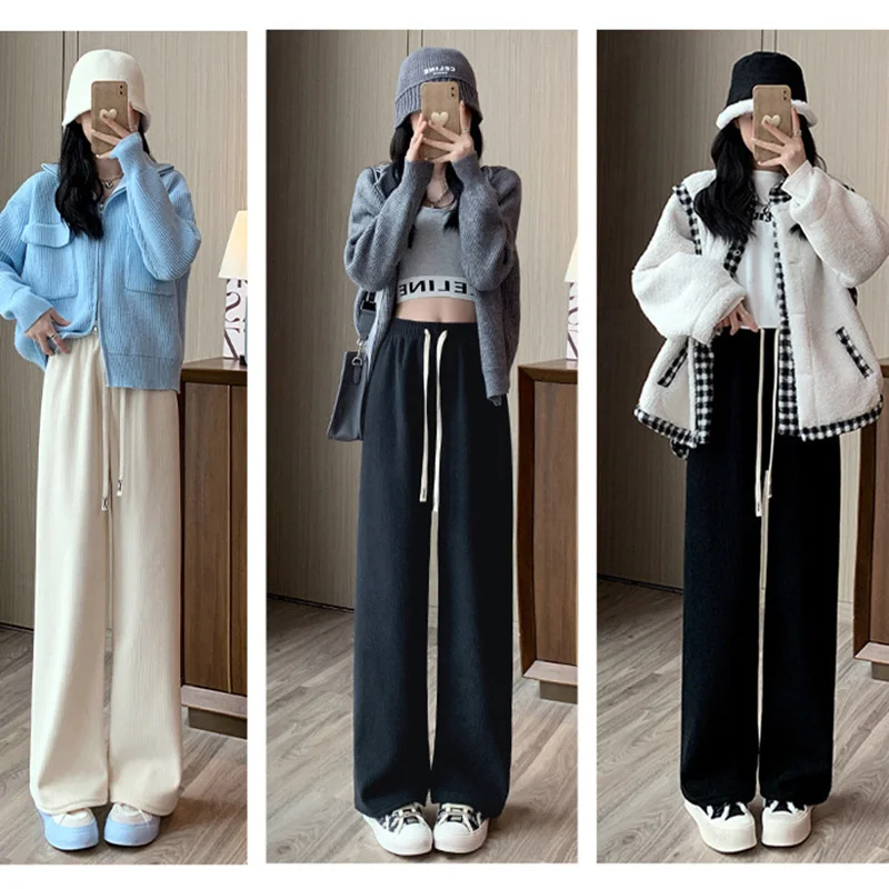Winter Women Fleece Wide Leg Long Pants Thicken Warm Winter Stright Long Elastic Waist Trousers Casual Loose Female Botton Pants - Image 7