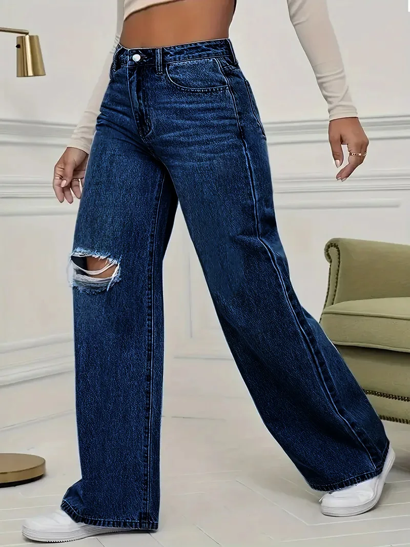 Washed Personality Hole Loose High Waist Denim Wide-leg Pants,Women's Four Seasons New Classic Fashion Casual Floor-length Jeans - Image 7