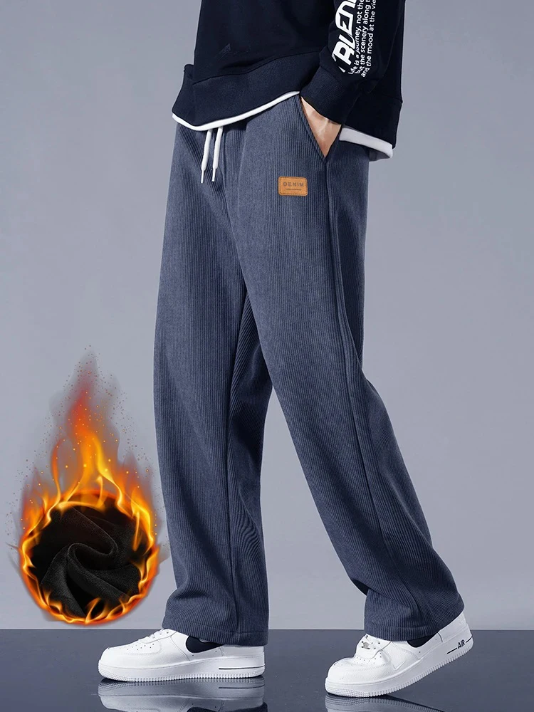 Winter Thick Warm Corduroy Sweatpants Men Fleece Liner Drawstring Straight Loose Track Pants Male Casual Fleece Thermal Trousers - Image 4
