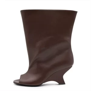 2025 High-quality Peep Toe Women's Knee High Boots Round Toe Wedges Suede Woman Long Boots Party Wedding Versatile Female Shoes