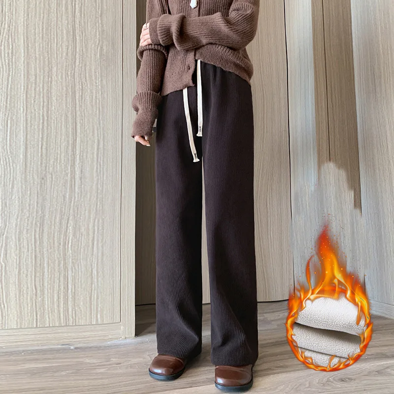 Winter Women Fleece Wide Leg Long Pants Thicken Warm Winter Stright Long Elastic Waist Trousers Casual Loose Female Botton Pants - Image 4