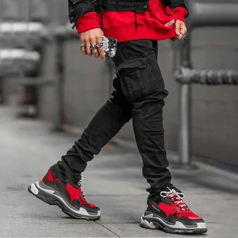 Men Street Elastic Denim Jeans Wash Solid Color Multi Pockets Cargo Pants Casual Slim Fit Daily Wear Joggers Mid Waist Trousers - Image 7