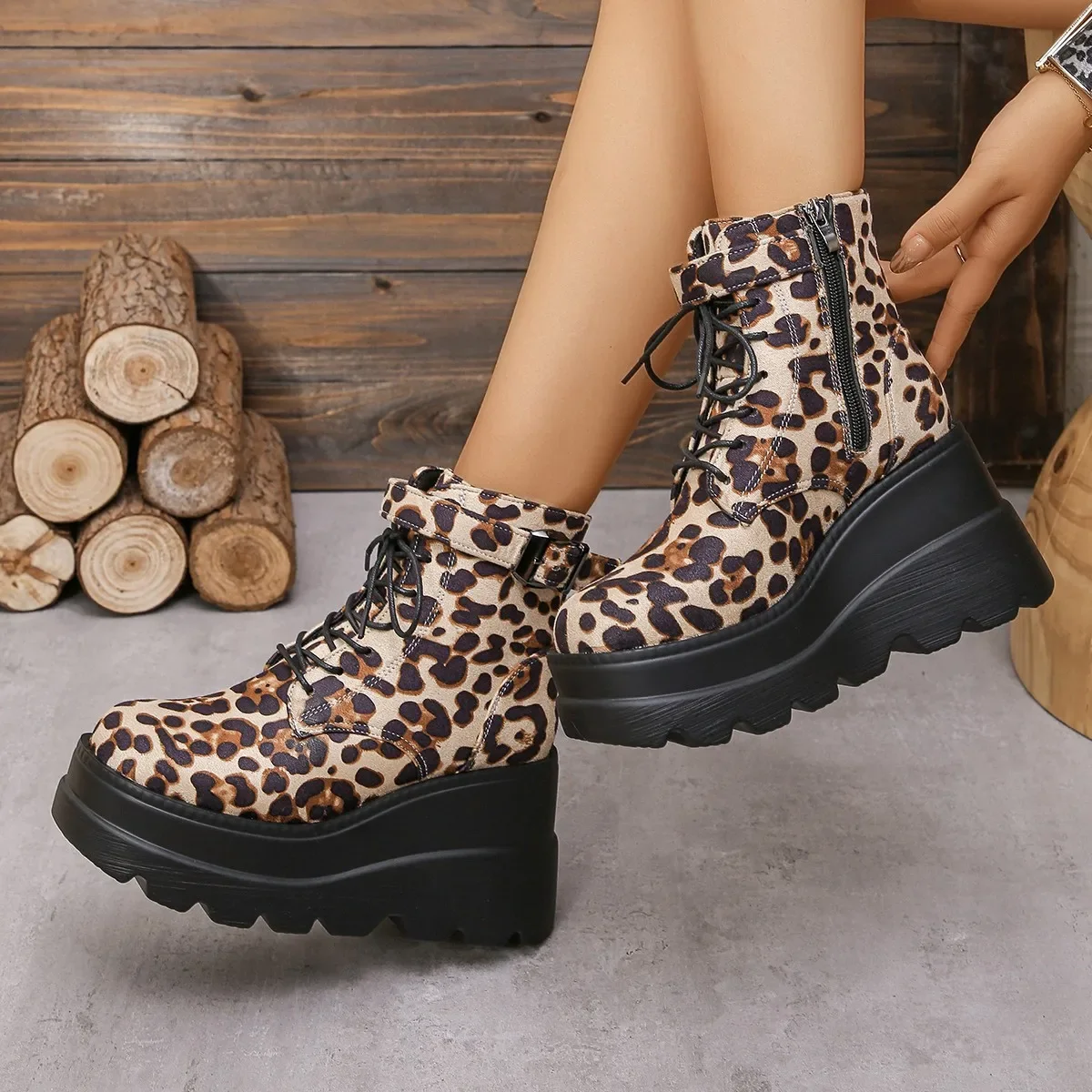 2024 Ladies Shoes Large Size Ankle Women's Boots High Heel Modern Boots Women Leopard Side Zip Front Lace-up Wedge Female Shoes - Image 4
