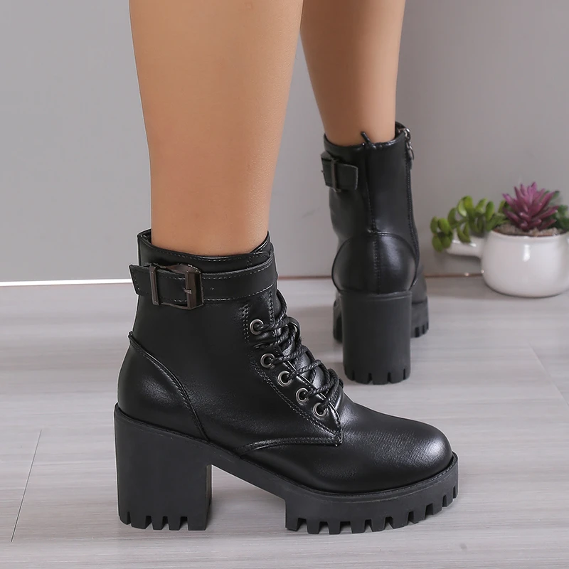 Winter New Fashion Comfortable Elegant Square with Women's Shoes Side Zipper Round Head Solid Color Simple Thick Heel Boots - Image 5