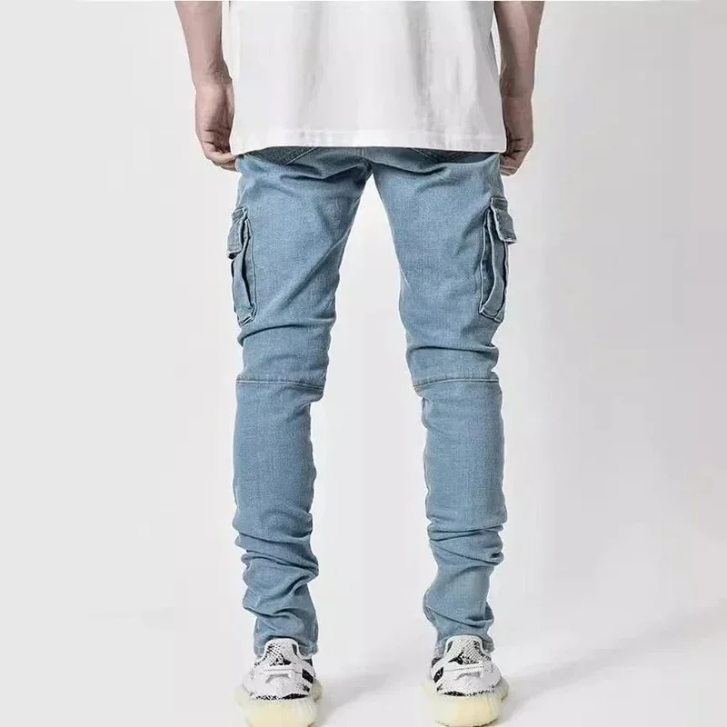 Men Street Elastic Denim Jeans Wash Solid Color Multi Pockets Cargo Pants Casual Slim Fit Daily Wear Joggers Mid Waist Trousers - Image 4