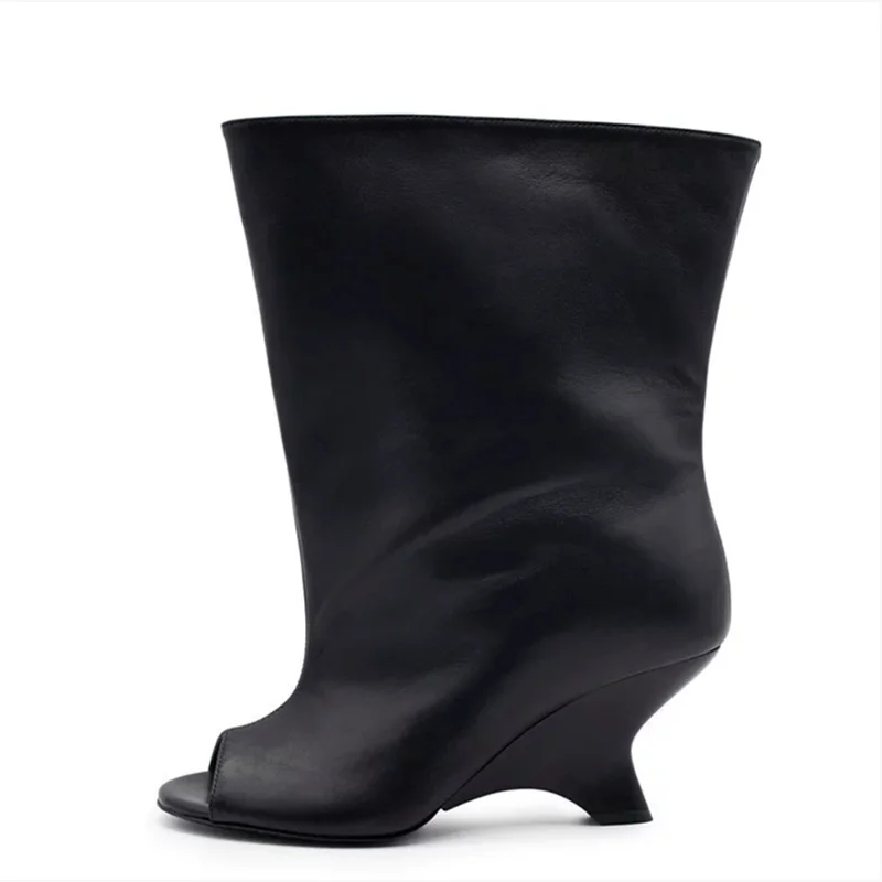 2025 High-quality Peep Toe Women's Knee High Boots Round Toe Wedges Suede Woman Long Boots Party Wedding Versatile Female Shoes - Image 4