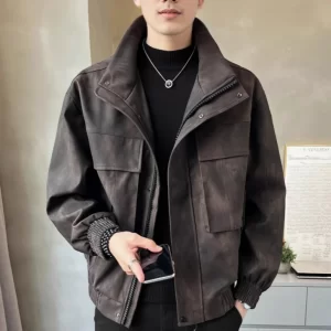 Man Cargo Jacket Autumn Washed Printed Windproof Male Leather Coat Motorcycle Punk Stand Collar Long Sleeve Zipper Men Outerwear