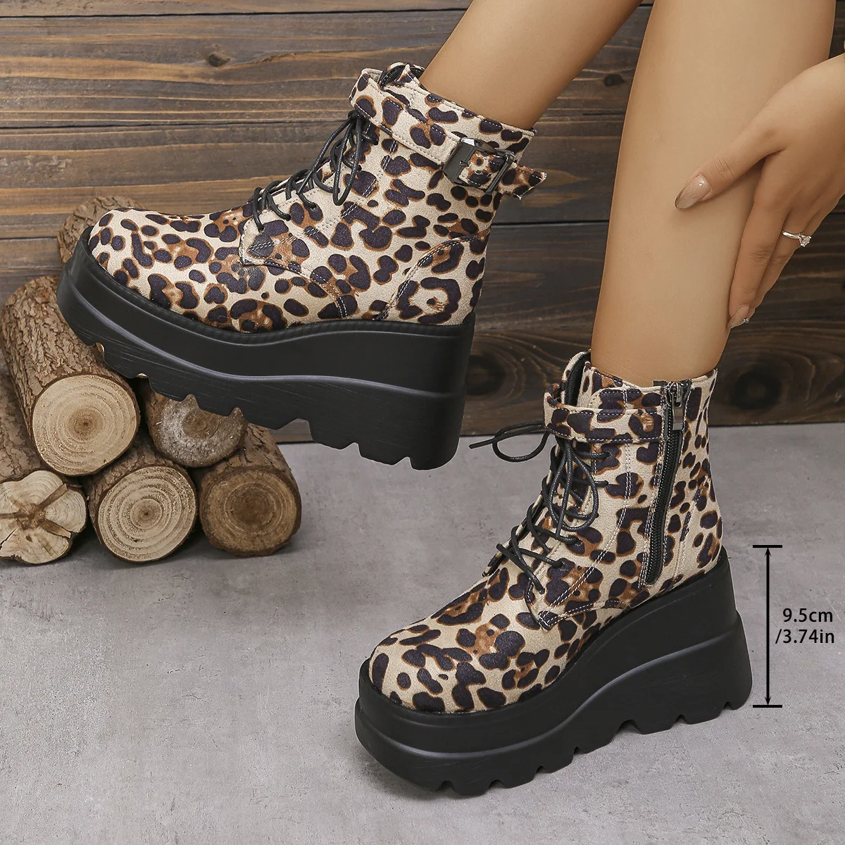 2024 Ladies Shoes Large Size Ankle Women's Boots High Heel Modern Boots Women Leopard Side Zip Front Lace-up Wedge Female Shoes - Image 2