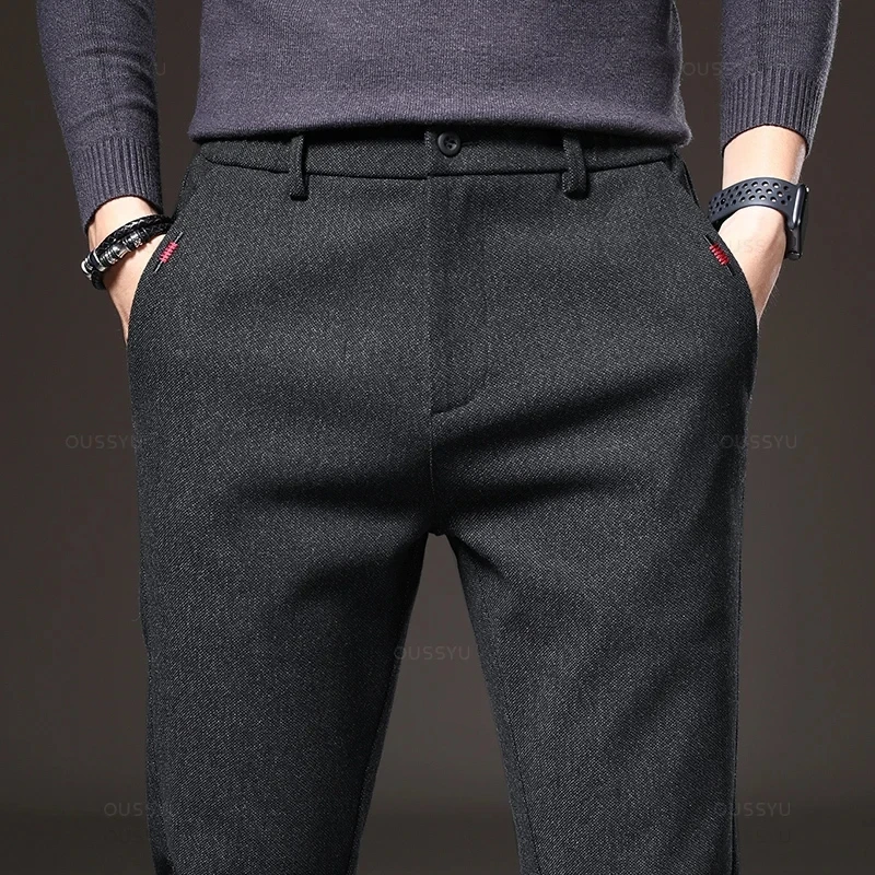 Autumn Men's Casual Pants Business Fashion Elastic Waist Slim Fit Stretch Thick Gray Black Cotton Trousers Male - Image 4