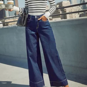 Women's Classic Blue High Rise Wide Leg Jeans - Stretch Jeans with Button Fly, Soft and Comfortable, Slim Fit Vintage Wash Jeans