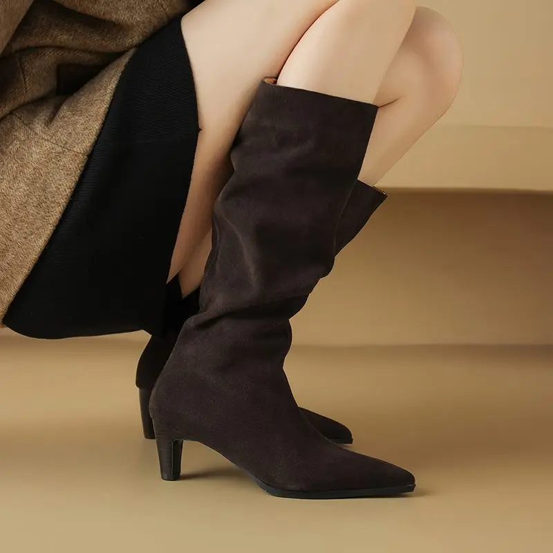 MORAZORA Size 34-43 Cow Suede Leather Knee High Boots Women Autumn Winter High Heels Fashion Boots Pointed Toe Ladies Shoes - Image 9