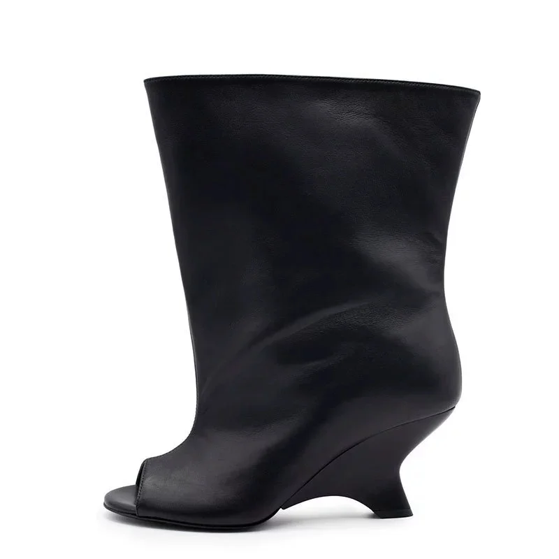 2025 New Peep Toe Design Women's Knee High Boots Round Toe Wedges Female Long Boots Stylish Slim Fit Suede Ladies Modern Boots - Image 8
