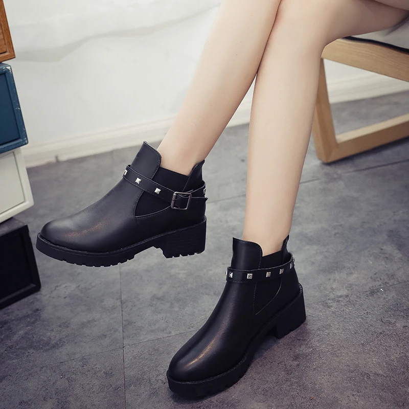 Spring/autumn round head square with rhinestone decorative fashion short boots thick soles non-slip increasing boots for women - Image 2