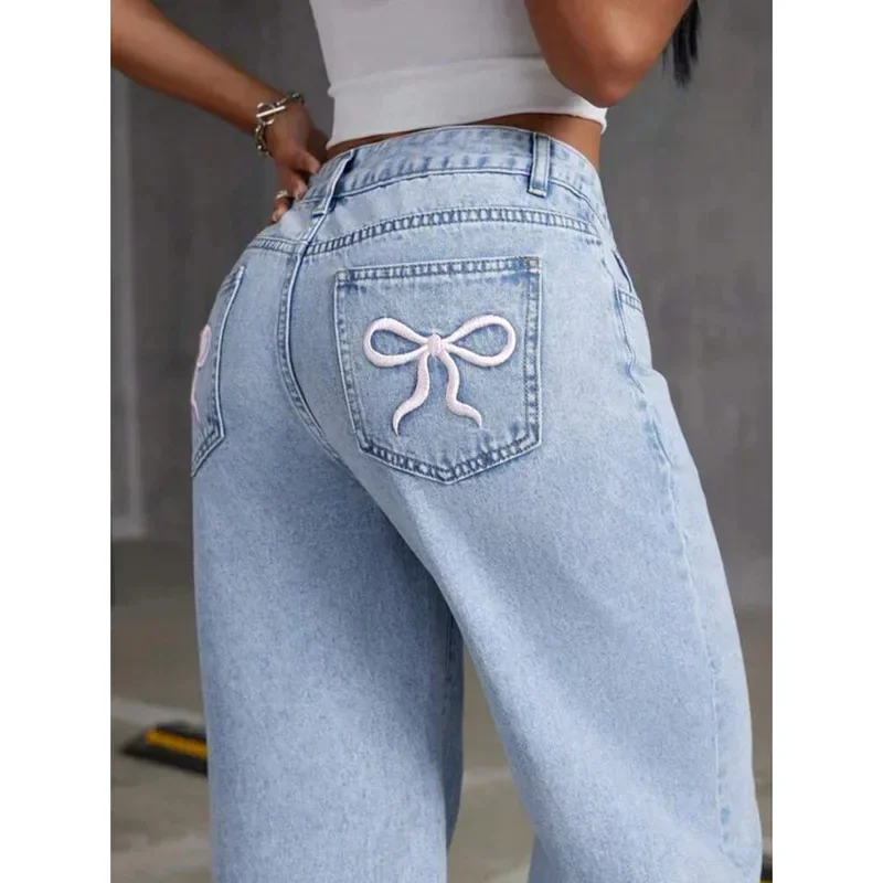 Women Jeans Embroidery High Waist Distressed Washed Pockets Vintage Floor Length Trousers 2025 Denim Wide Leg Pants Streetwear - Image 5