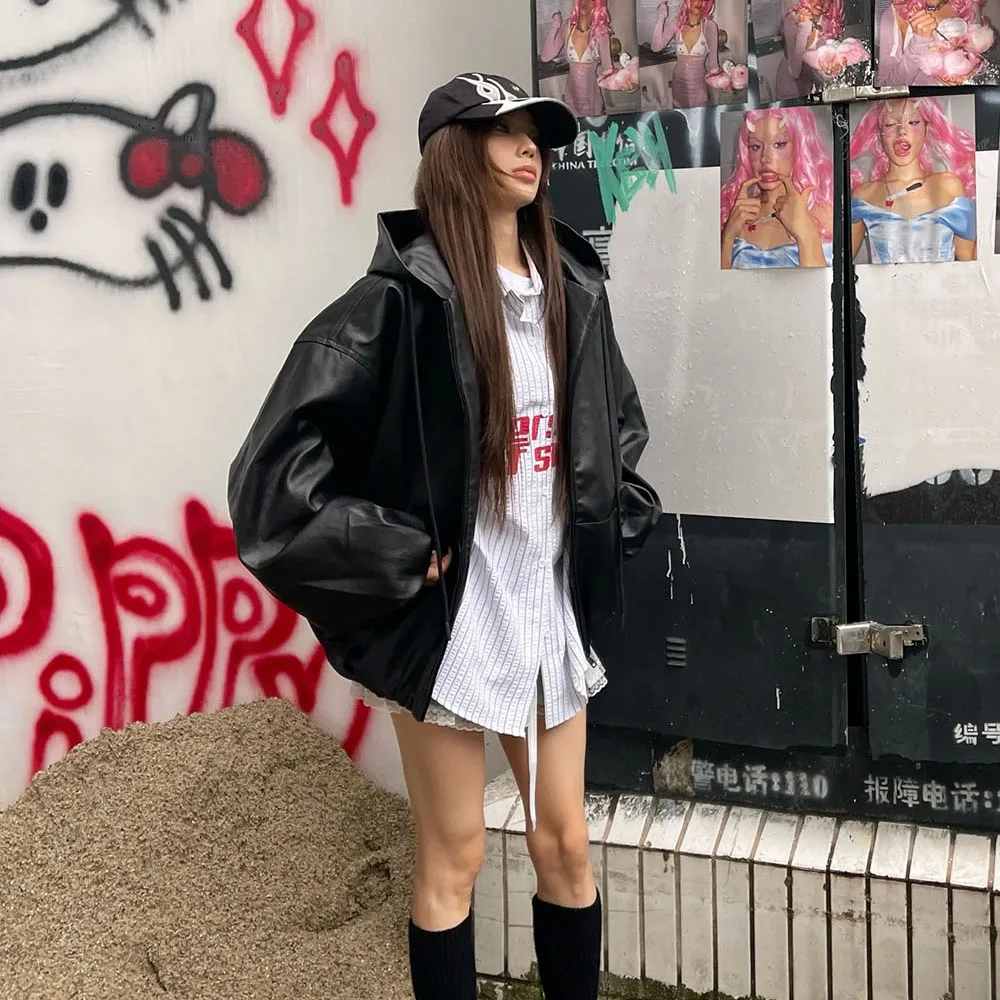 High Street Black Color Pu Leather WIndbreaker Coat Mens and Women Cleanfit Casual Loose Zipper Hooded Jackets Oversized - Image 5