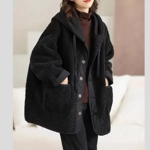 Imitation lamb plush hooded jacket autumn and winter splicing new lace-up style fashionable and versatile warmth and thick top