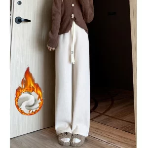 Winter Lady High Waisted Fleece Pants Girls Warm Thermal Straight Leg Trousers Female Classic Solid Drawstring Pants