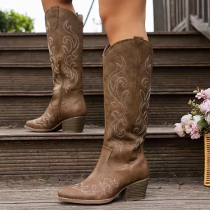 Women's Retro Western Embroidered Cowboy Boots - Pointed Toe High Block Heel, Faux Cover with Fabric Lining & TPR Sole, Zipper C