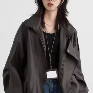 Mauroicardi Spring Autumn Retro Black Oversized Pu Leather Motorcycle Jacket Women Belt Zipper Luxury European Fashion 2025