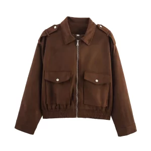 HH Street Fashion Suede Jacket For Autumn Women's Long Sleeves Lapel Retro Female Causal Pockets Decorative Zipper Jackets