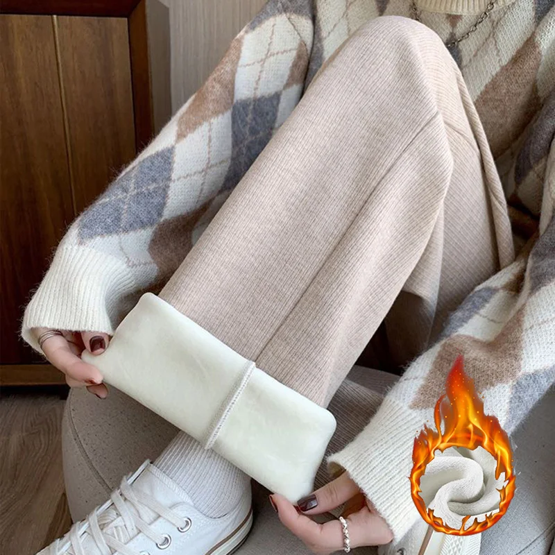 Winter Lady High Waisted Fleece Pants Girls Warm Thermal Straight Leg Trousers Female Classic Solid Drawstring Pants - Image 7