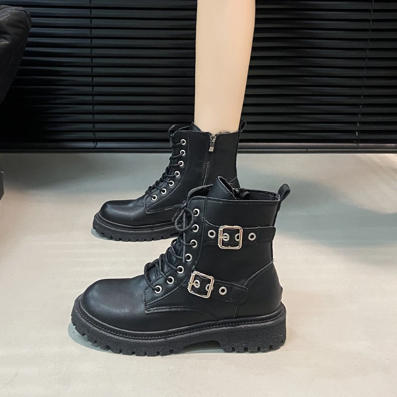 New Round Toe Fashionable Side Zipper Motorcycle Shoes Solid Color Elegant Warm Casual Lace-up Non-slip Women's Boots - Image 2