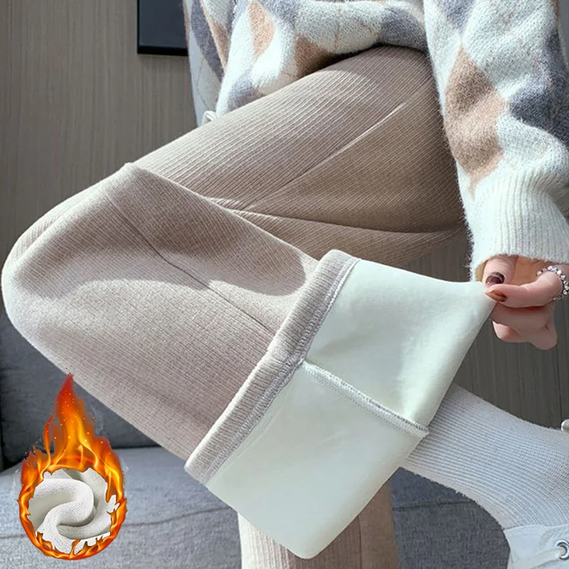 Winter Lady High Waisted Fleece Pants Girls Warm Thermal Straight Leg Trousers Female Classic Solid Drawstring Pants - Image 6