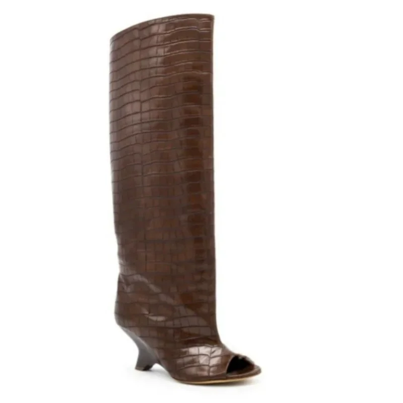 2025 New Peep Toe Design Women's Knee High Boots Round Toe Wedges Female Long Boots Stylish Slim Fit Suede Ladies Modern Boots - Image 5