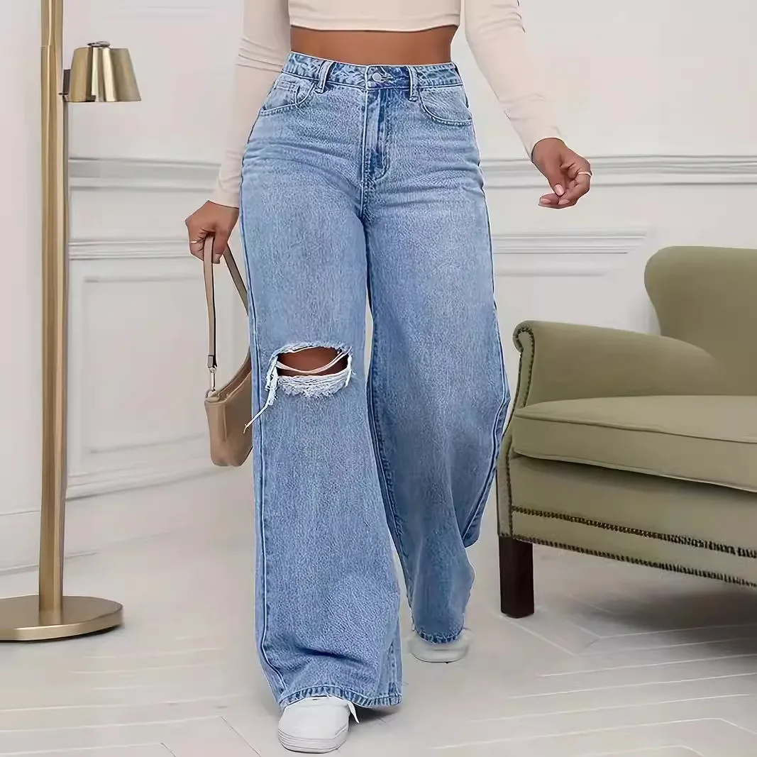Washed Personality Hole Loose High Waist Denim Wide-leg Pants,Women's Four Seasons New Classic Fashion Casual Floor-length Jeans - Image 2