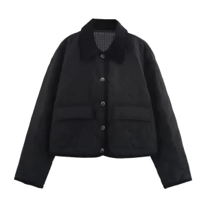 Autumn And Winter New Women'S Jacket Corduroy Splicing Turn-Down Collar Single-Breasted Warm Short Long-Sleeved Women'S Outerwea