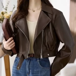 2025 Spring and Autumn Short Leather Jacket Brown Lapel Jacket Women