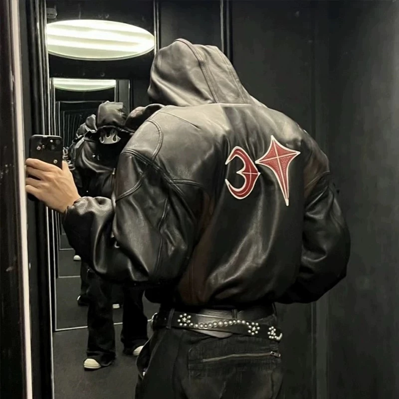 NEW Thug Club High-quality Heavyweight Ins Cotton Leather Jacket Casual Hooded High Street Loose Vintage Street Rock Men Women - Image 6