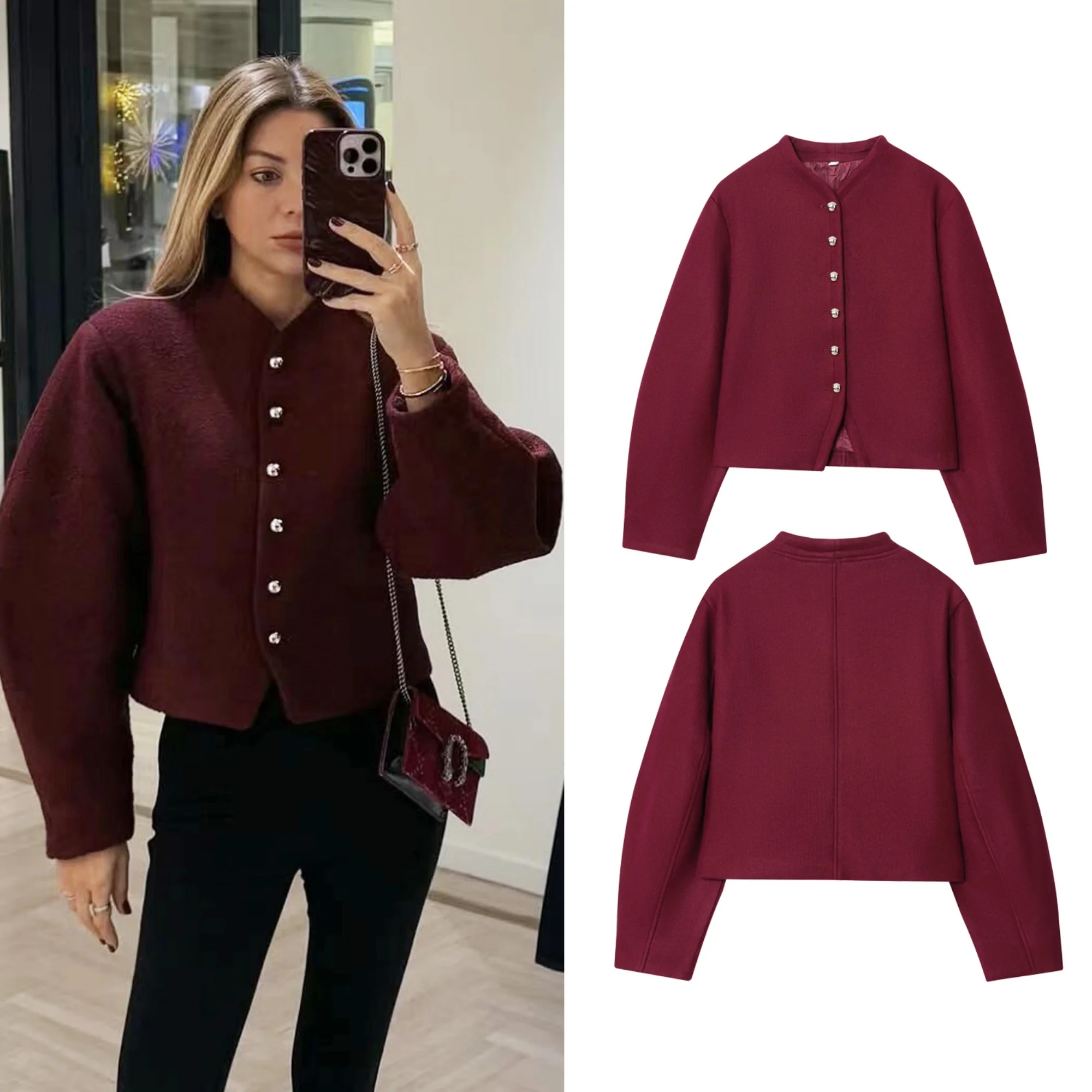 Women Short Jacket Women's Autumn Winter New Fashion Simple Short Coat Round Neck Single Breasted Commuting Casual Jacket Top - Image 3