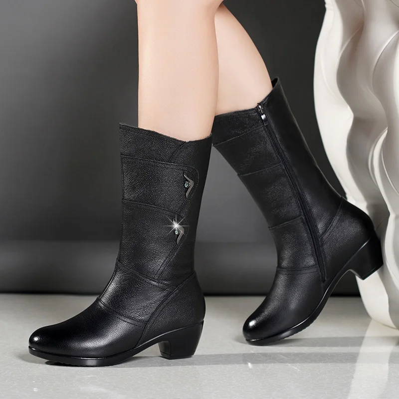 New Winter Elegant Fashion Chunky Mid-calf Boots Round Head Sexy Comfortable Side Zipper Fashion Women's Knight Boots - Image 6